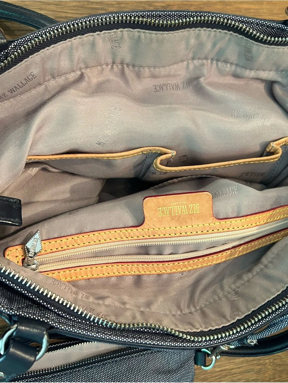 MZ Wallace navy canvas tote with leather pocket and handles